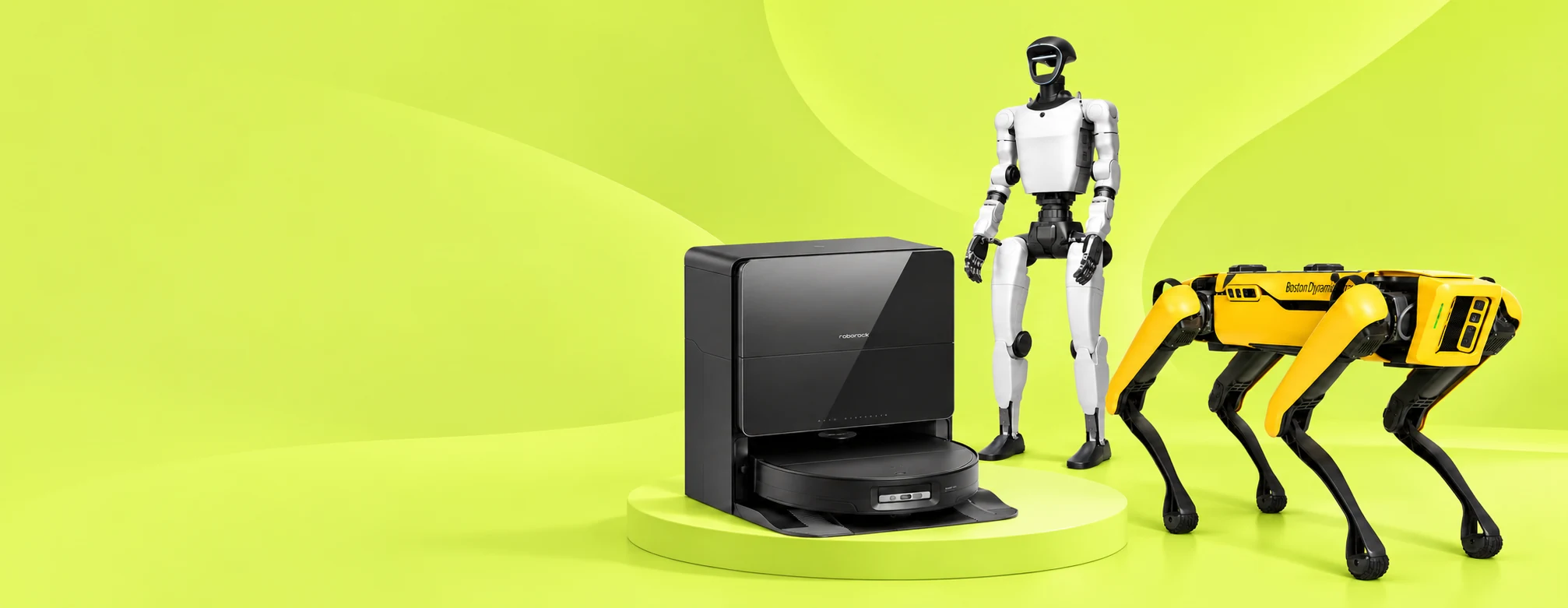 Creative composition featuring Unitree G1, Roborock Saros 10 and Boston Dynamics Spot